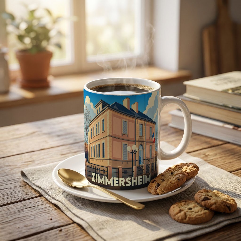 Mug souvenir de la ville de Zimmersheim avec une illustration stylisée de son architecture.