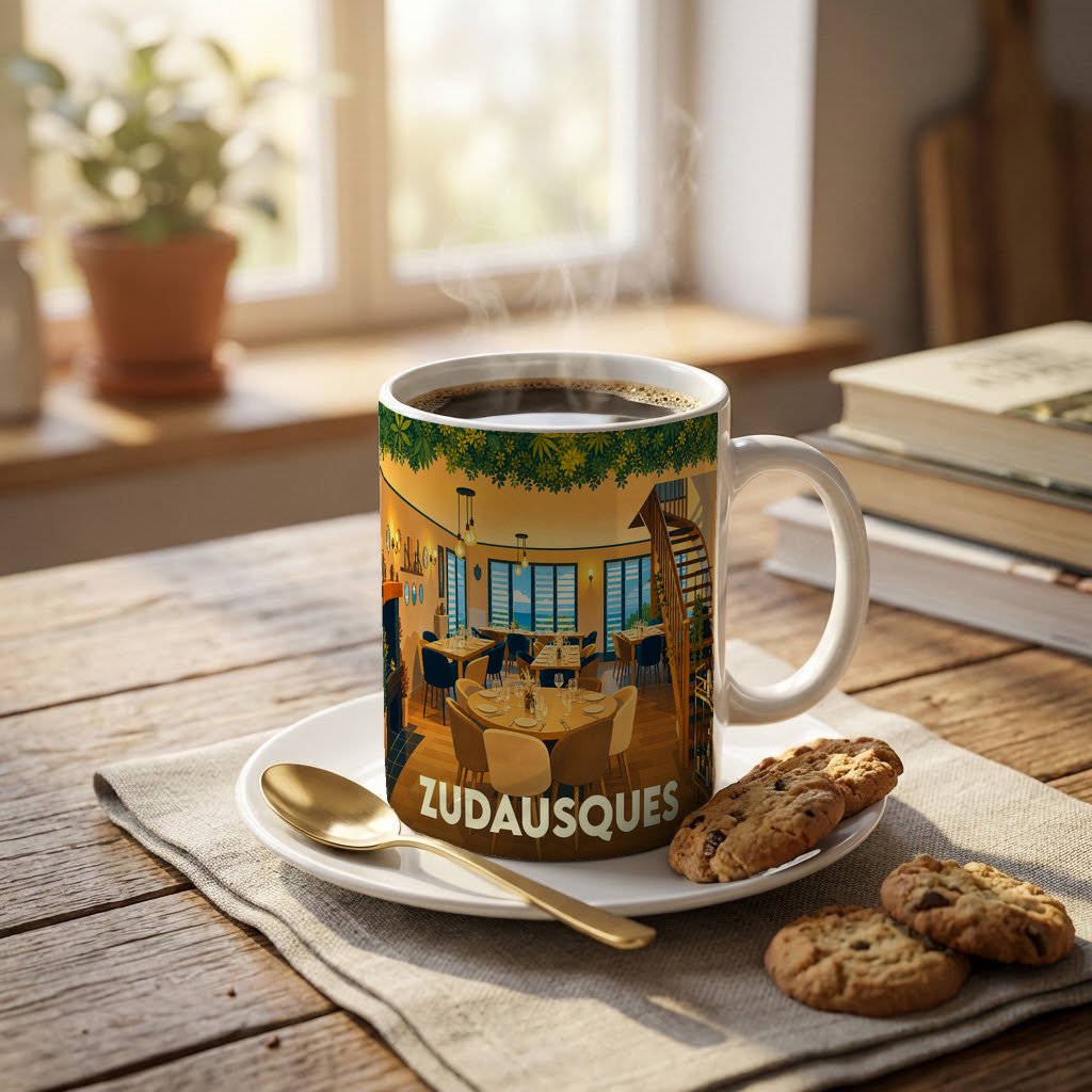 Mug souvenir de la ville de Zudausques orné d'une illustration stylisée d'un intérieur de restaurant chaleureux.