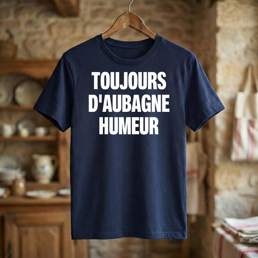 Tee-shirt bleu marine souvenir de la ville d'Aubagne avec l'inscription blanche "TOUJOURS D'AUBAGNE HUMEUR".