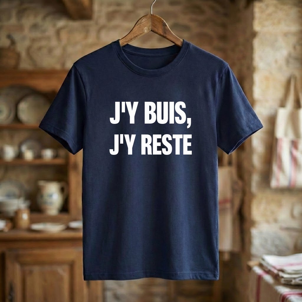 T-shirt bleu marine souvenir de la ville de Buis-les-Baronnies avec l'inscription blanche "J'Y BUIS, J'Y RESTE".