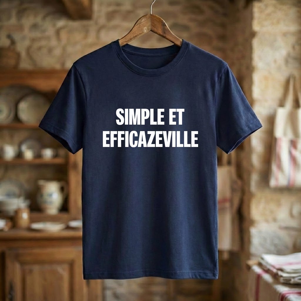 T-shirt bleu marine avec l'inscription « SIMPLE ET EFFICAZEVILLE », un jeu de mots souvenir de la ville de Decazeville.