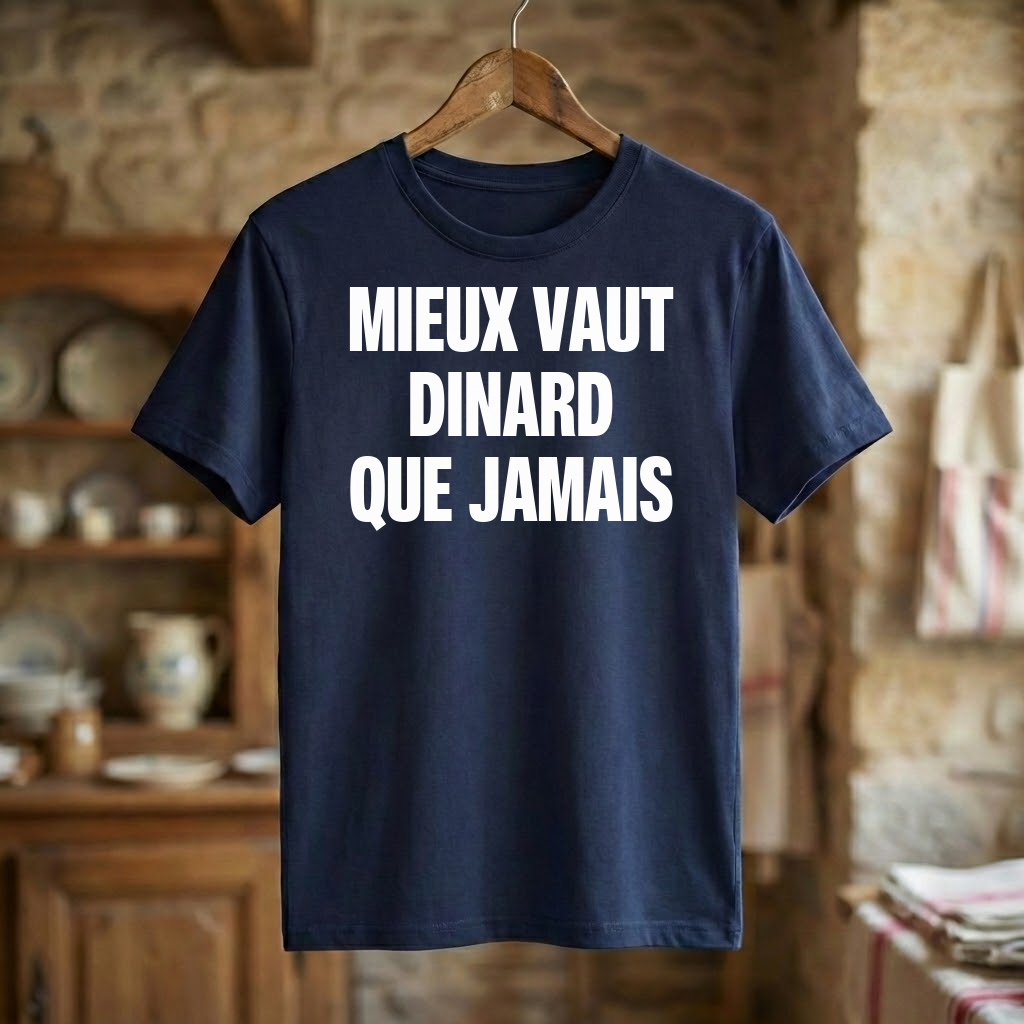 Tee-shirt souvenir de la ville de Dinard avec l'inscription humoristique « Mieux vaut Dinard que jamais ».