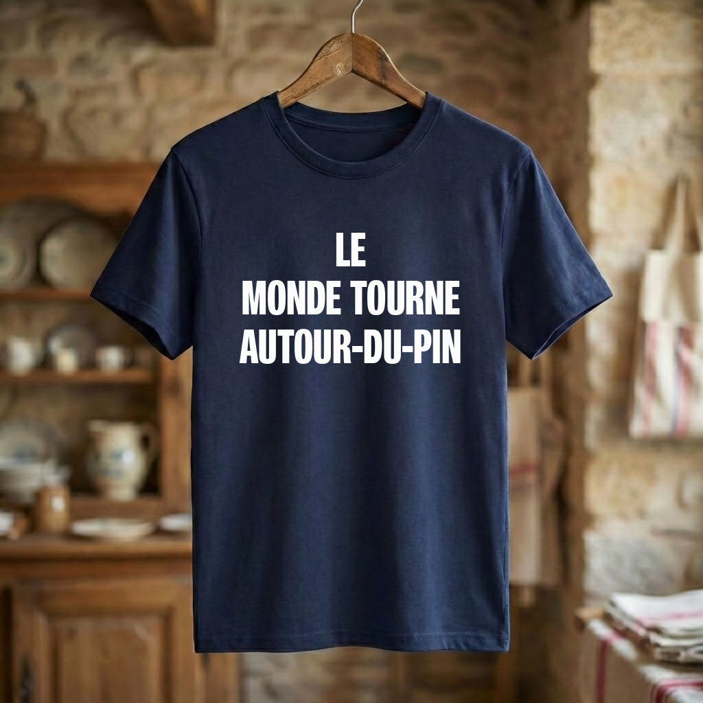 T-shirt souvenir de la ville de La Tour-du-Pin avec un texte humoristique blanc sur fond bleu marine.