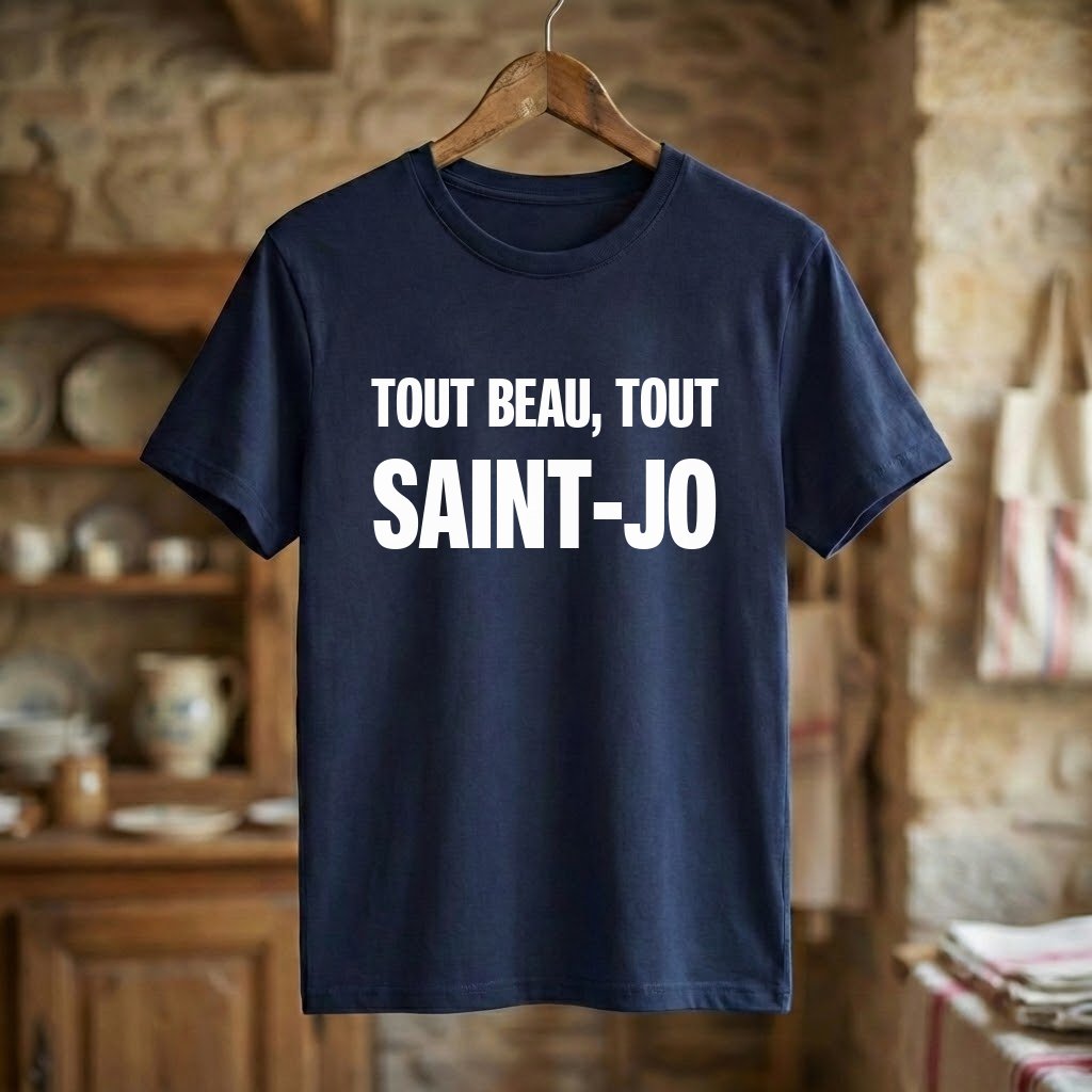 T-shirt bleu marine souvenir de la ville de Saint-Joseph avec l'inscription « TOUT BEAU, TOUT SAINT-JO ».