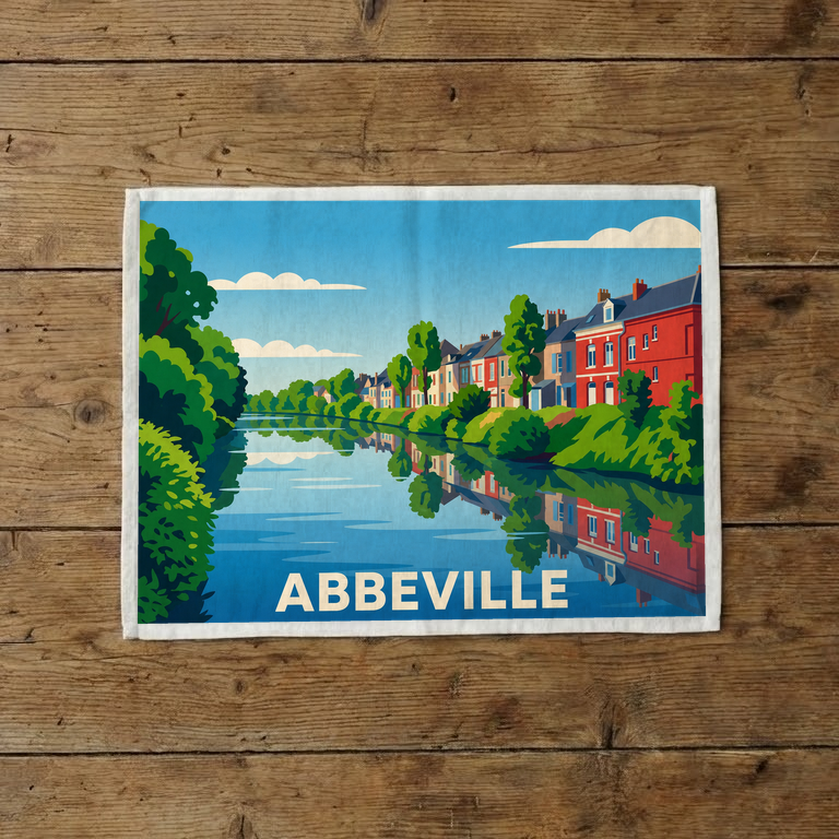 Torchon souvenir de la ville d'Abbeville avec une illustration stylisée de maisons colorées se reflétant dans l'eau.