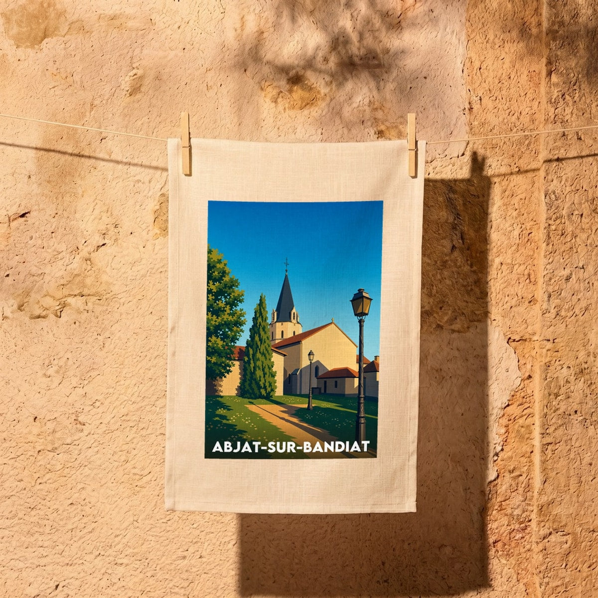 Torchon souvenir de la ville d'Abjat-sur-Bandiat avec une illustration stylisée de son église.