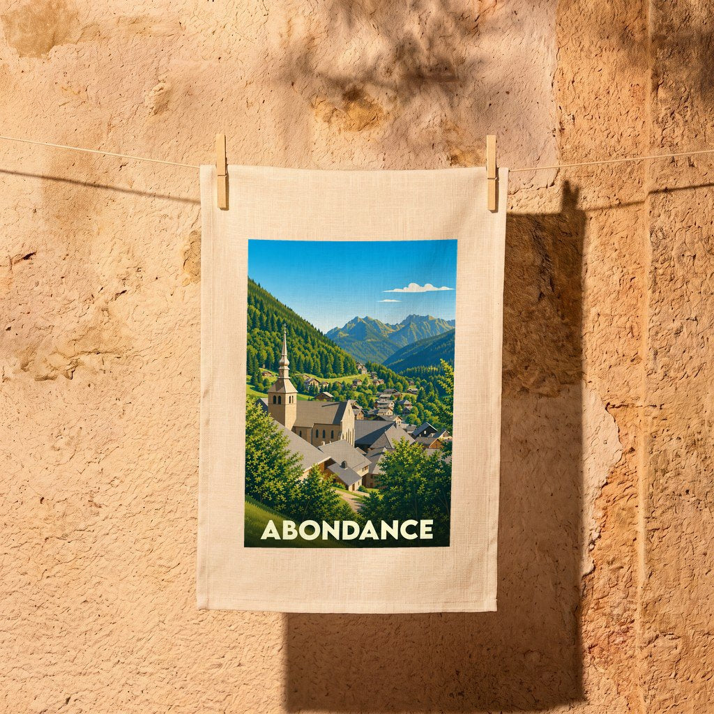 Torchon souvenir de la ville d'Abondance illustré d'une vue panoramique de son église et des montagnes environnantes.