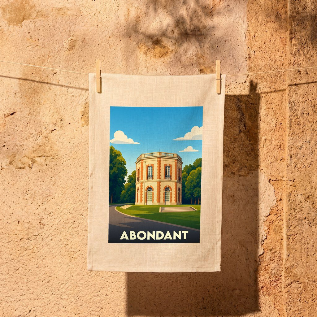 Torchon souvenir de la ville d'Abondant avec une illustration stylisée de son pavillon historique.