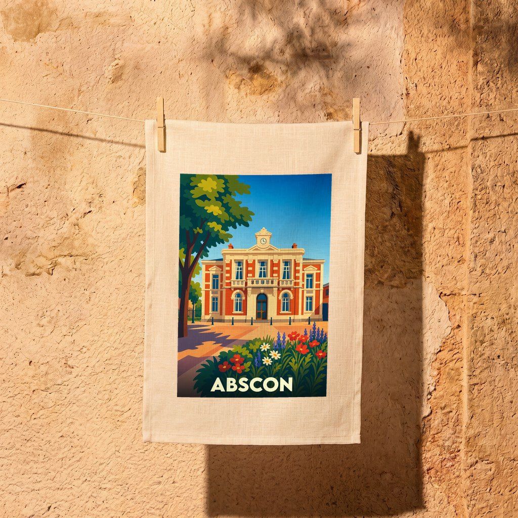Torchon souvenir de la ville de Abscon avec une illustration colorée et stylisée de son hôtel de ville.