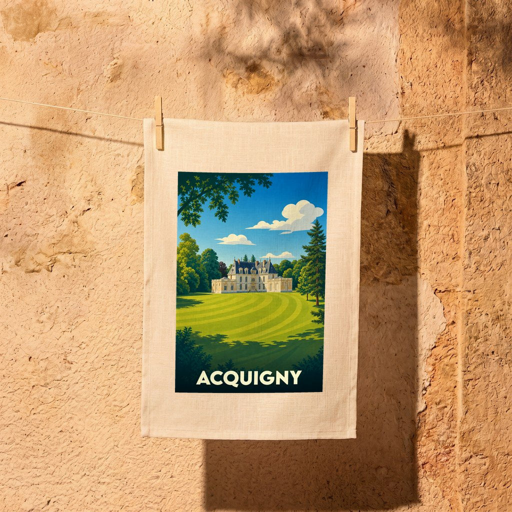 Torchon souvenir de la ville d'Acquigny avec une illustration stylisée d'un château et de son parc.