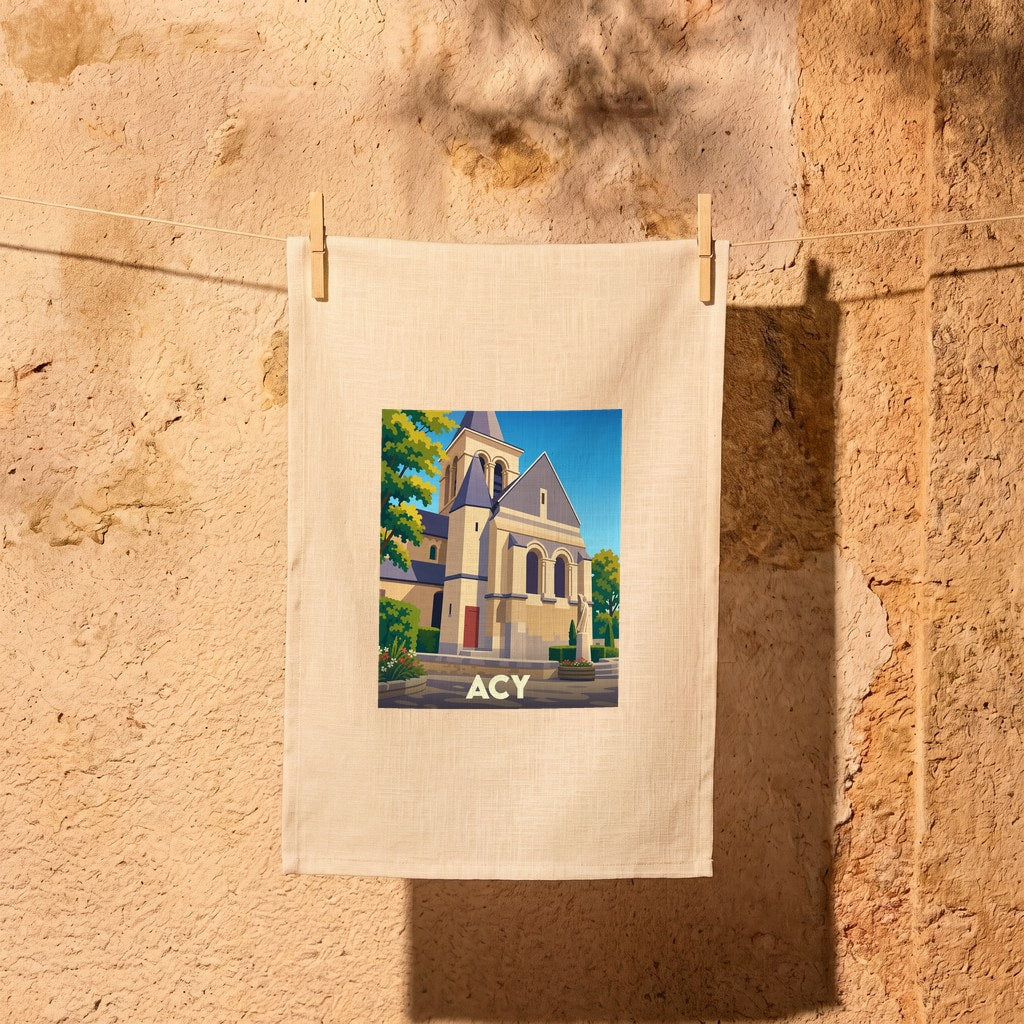 Torchon souvenir de la ville d'Acy illustré d'une église de style roman sous un ciel bleu.