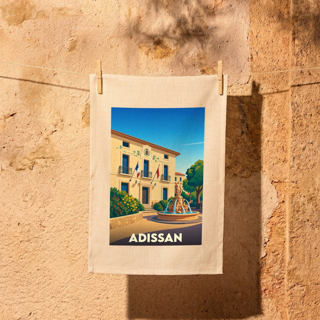 Torchon souvenir de la ville d'Adissan avec une illustration stylisée d'une place ensoleillée et sa fontaine.
