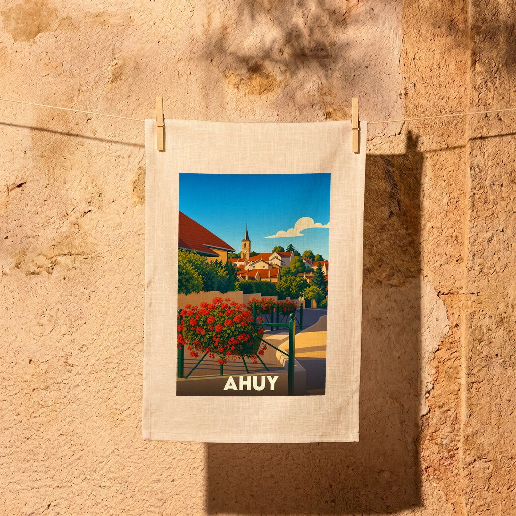 Torchon souvenir de la ville d'Ahuy avec une illustration stylisée et colorée.