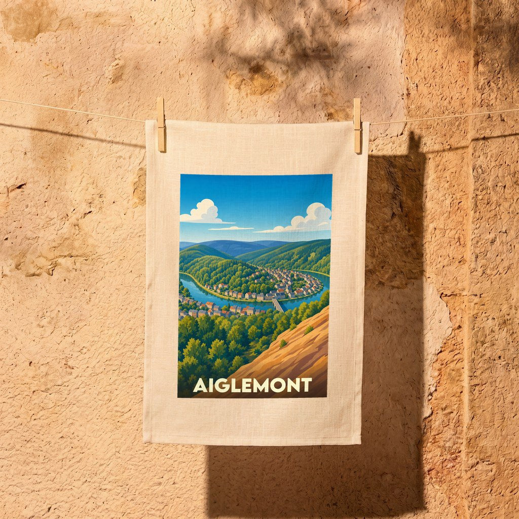Torchon souvenir de la ville d'Aiglemont orné d'une illustration stylisée de son paysage fluvial et vallonné.