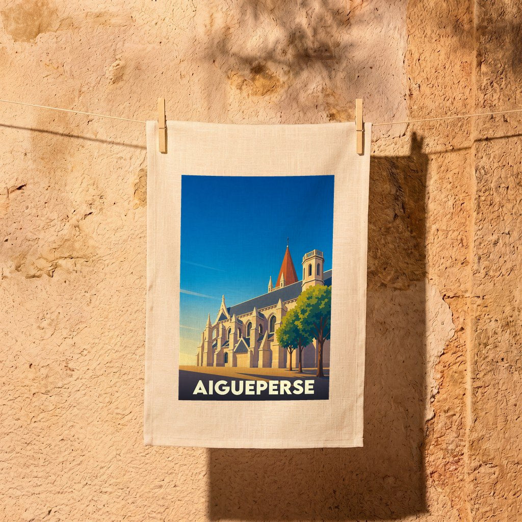 Torchon souvenir de la ville d'Aigueperse avec une illustration stylisée de son église.