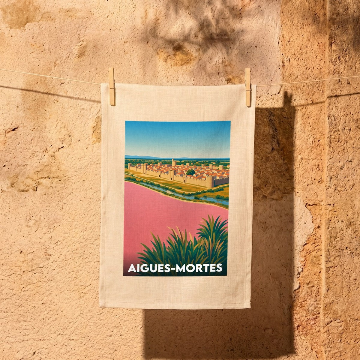 Torchon souvenir de la ville d'Aigues-Mortes avec une illustration stylisée de ses remparts et de ses eaux roses.