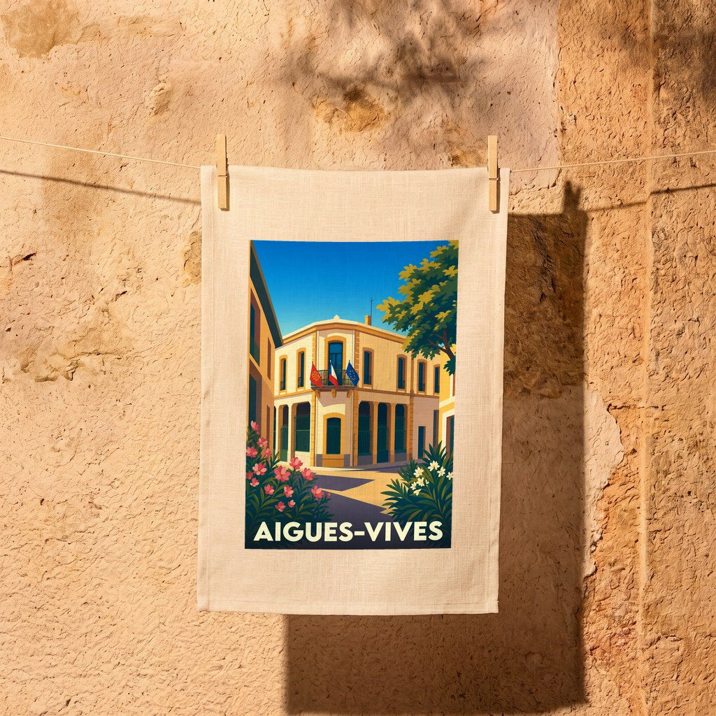 Torchon souvenir de la ville d'Aigues-Vives avec une illustration stylisée de sa mairie.
