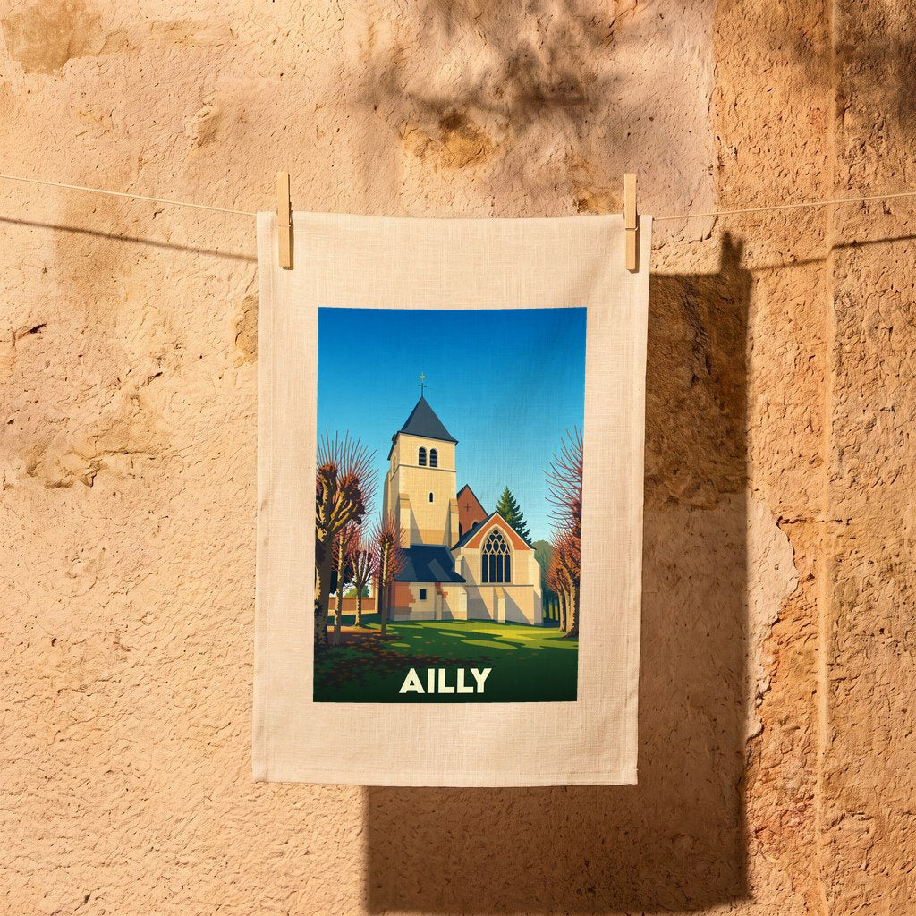 Torchon souvenir de la ville d'Ailly avec une illustration stylisée d'une église.