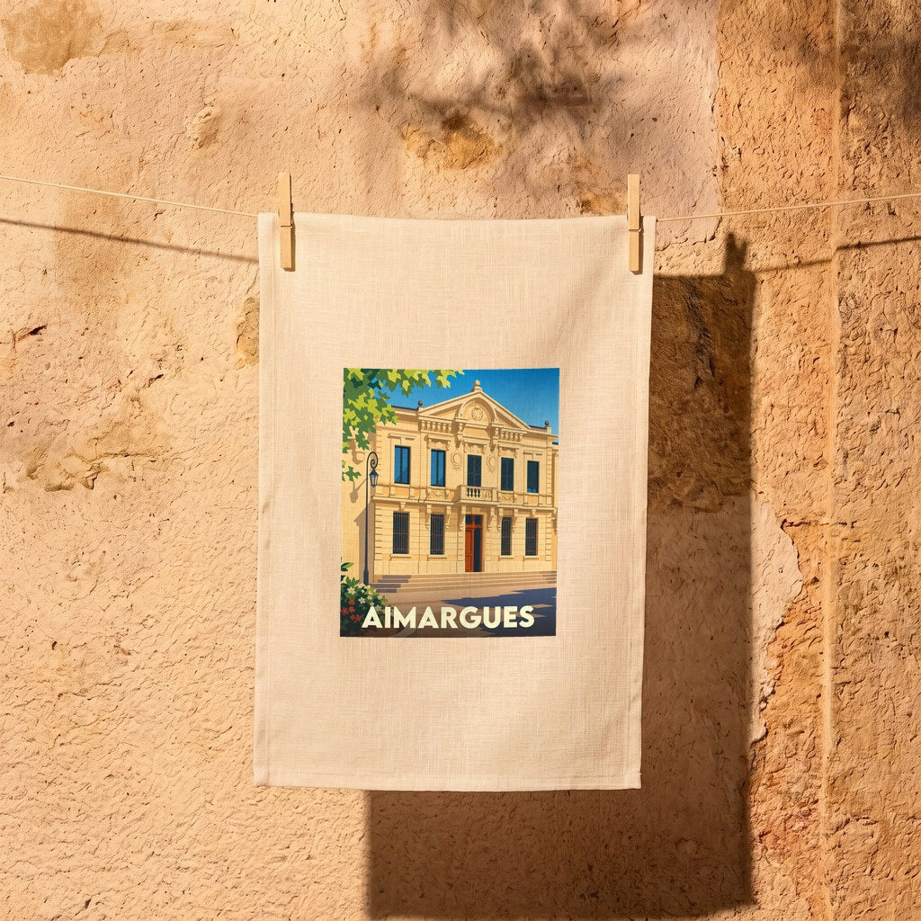 Torchon souvenir de la ville d'Aimargues avec une illustration stylisée de son hôtel de ville.