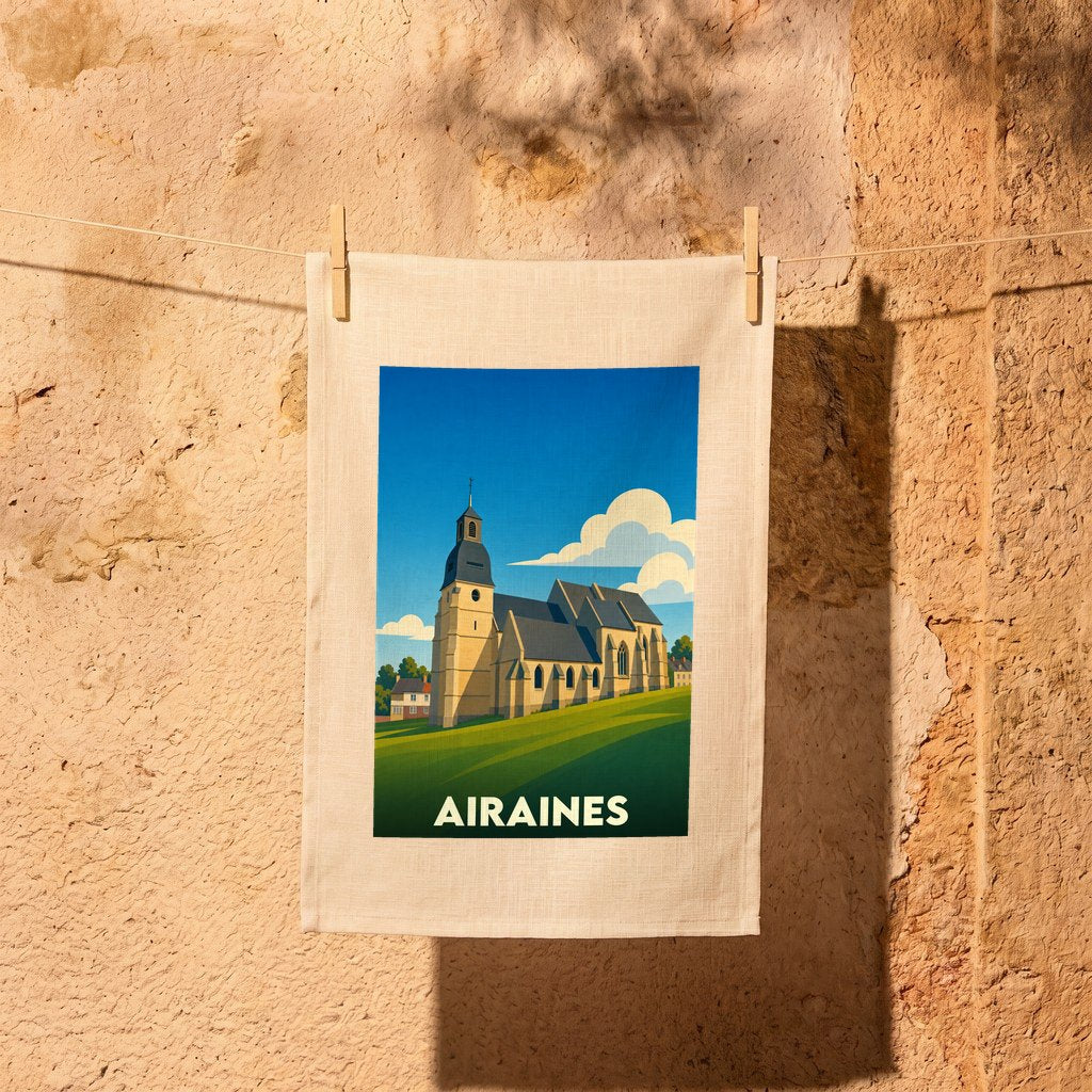Torchon souvenir de la ville d'Airaines avec une illustration stylisée de son église sur une colline verdoyante.