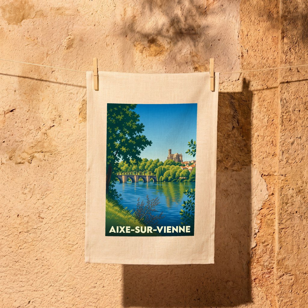 Torchon souvenir de la ville de Aixe-sur-Vienne avec une illustration stylisée d'un pont et d'une église au bord de l'eau.