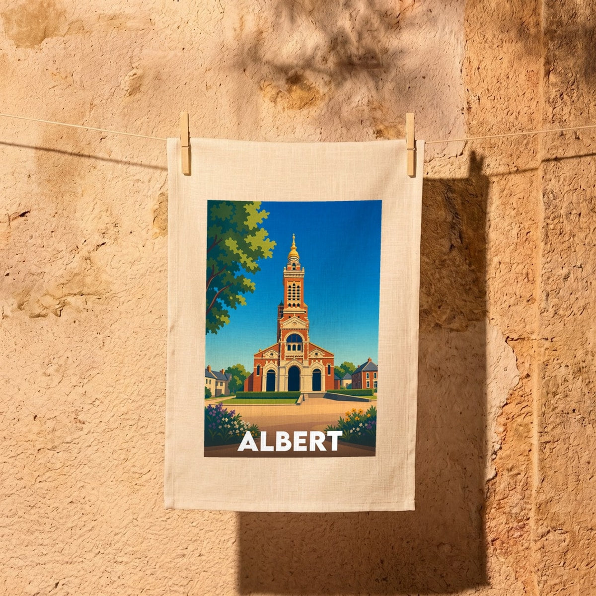 Torchon souvenir de la ville d'Albert illustrant sa basilique de style néo-byzantin sous un ciel bleu.