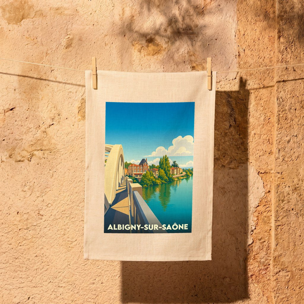 Torchon souvenir de la ville de Albigny-sur-Saône avec une illustration stylisée d'un pont et de la rivière.