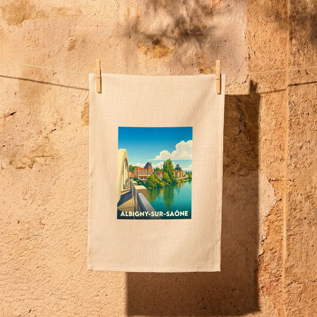 Torchon souvenir de la ville de Albigny-sur-Saône avec une illustration stylisée d'un pont et de la rivière.