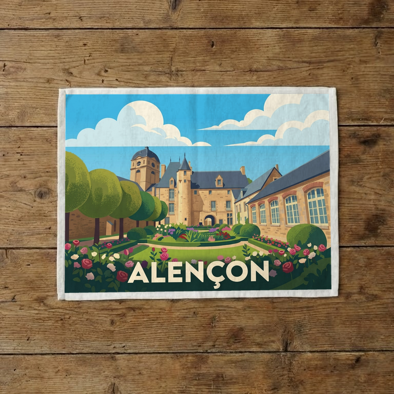 Torchon souvenir de la ville d'Alençon avec une illustration stylisée de son château et de ses jardins.