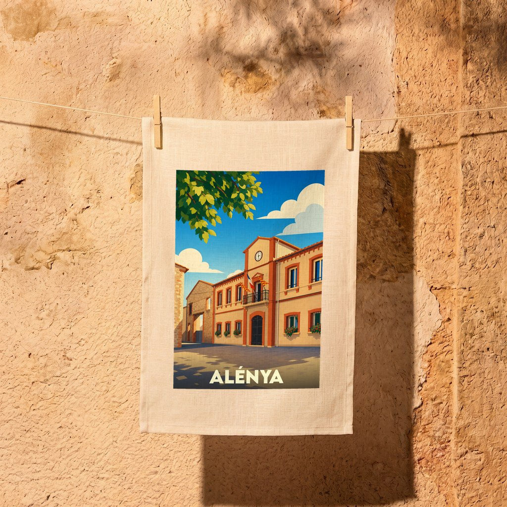 Torchon souvenir de la ville d'Alénya avec une illustration stylisée de l'hôtel de ville.