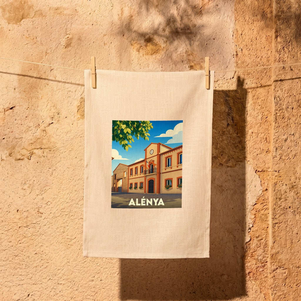 Torchon souvenir de la ville d'Alénya avec une illustration stylisée de l'hôtel de ville.