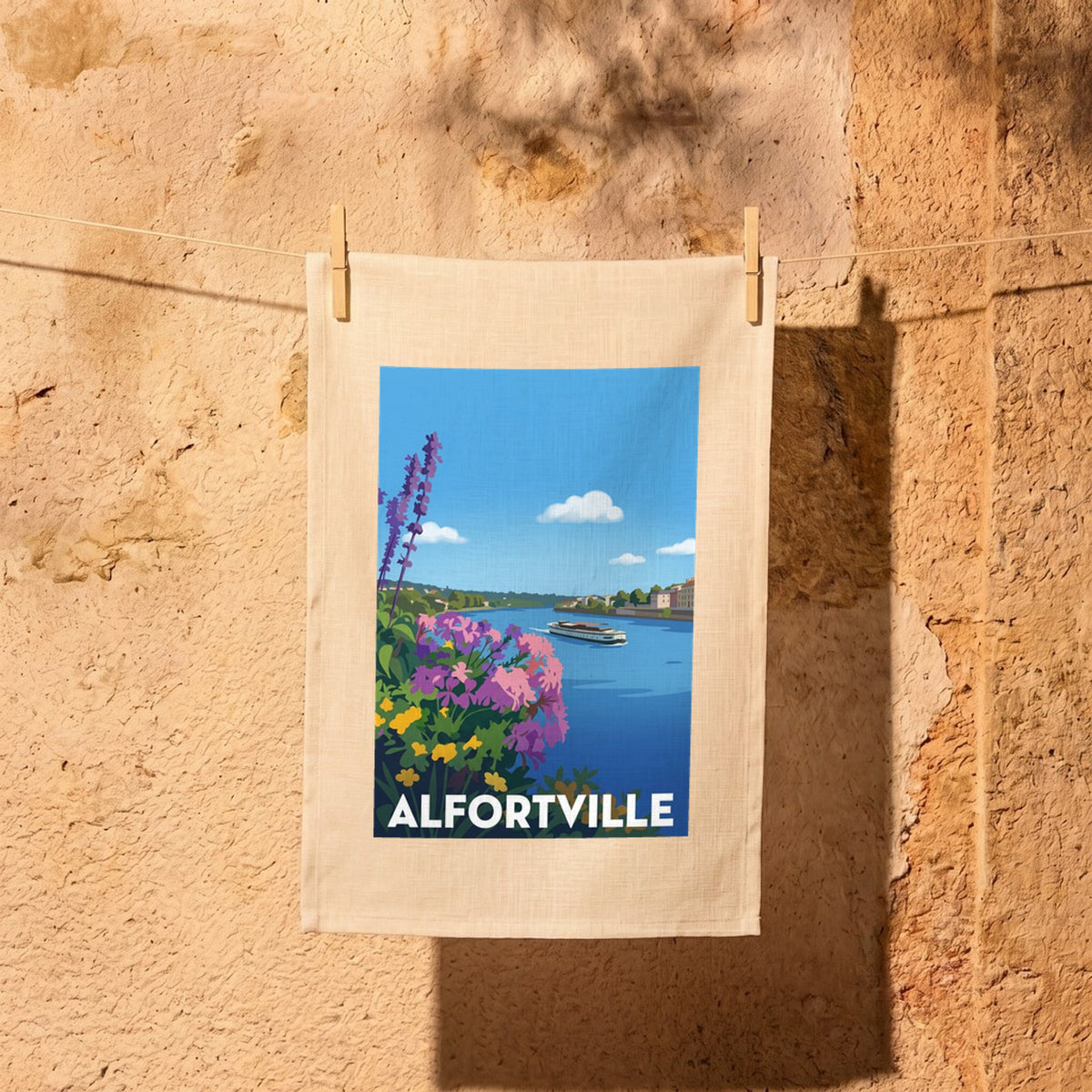 Torchon souvenir de la ville d'Alfortville avec une illustration stylisée des bords de l'eau.