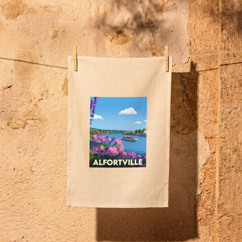 Torchon souvenir de la ville d'Alfortville avec une illustration stylisée des bords de l'eau.