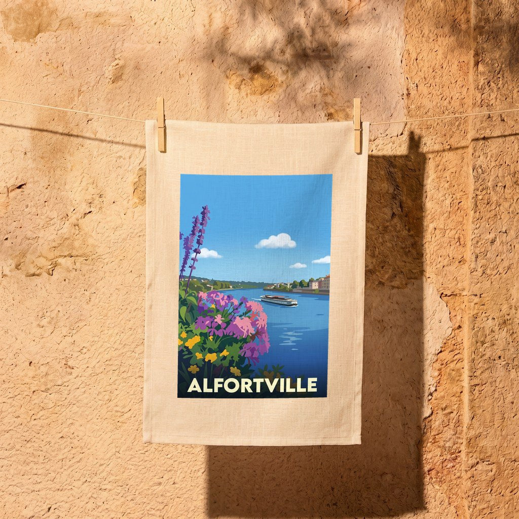 Torchon souvenir de la ville d'Alfortville avec une illustration stylisée des bords de l'eau.