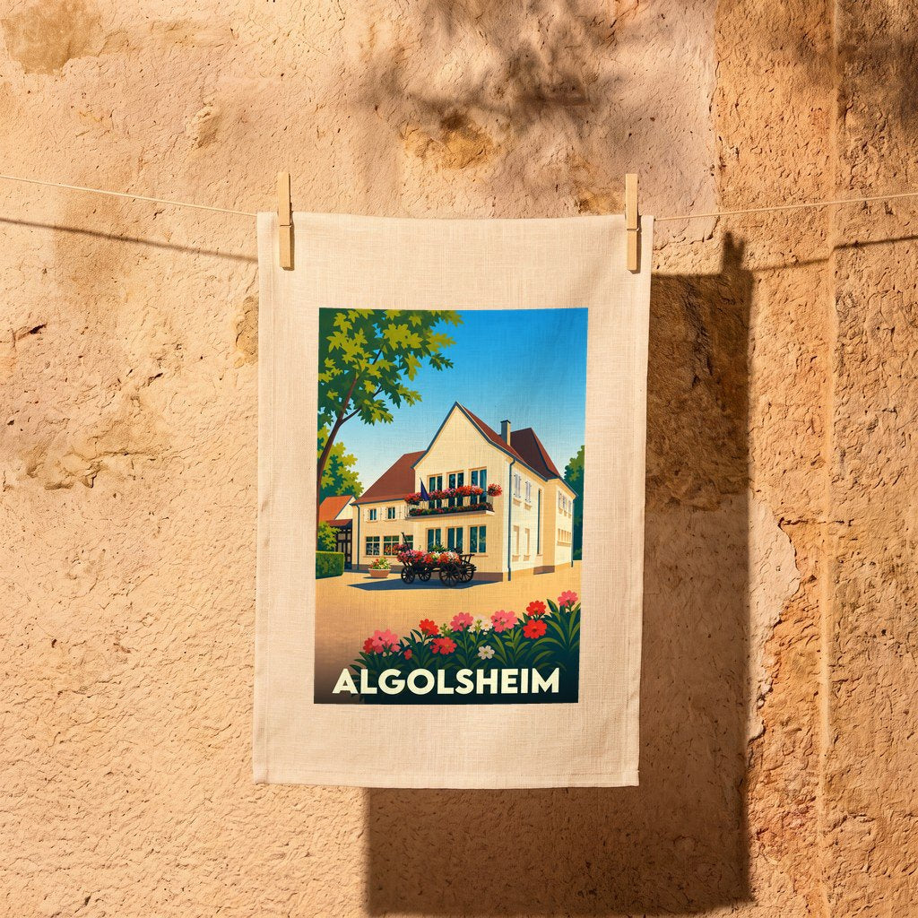 Torchon souvenir de la ville d'Algolsheim illustré d'une maison alsacienne fleurie dans un style vintage.