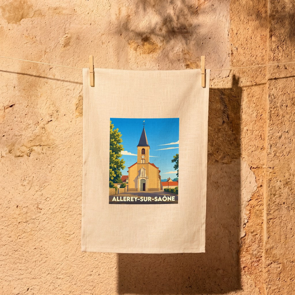 Torchon souvenir de la ville d'Allerey-sur-Saône avec une illustration stylisée de son église.
