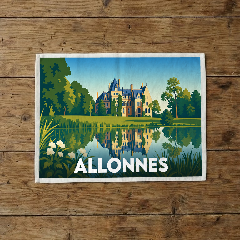 Torchon souvenir de la ville d'Allonnes avec une illustration stylisée d'un château se reflétant dans l'eau.