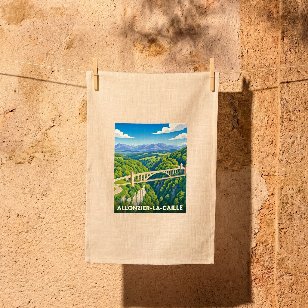 Torchon souvenir de la ville d'Allonzier-la-Caille avec une illustration stylisée du pont de la Caille.