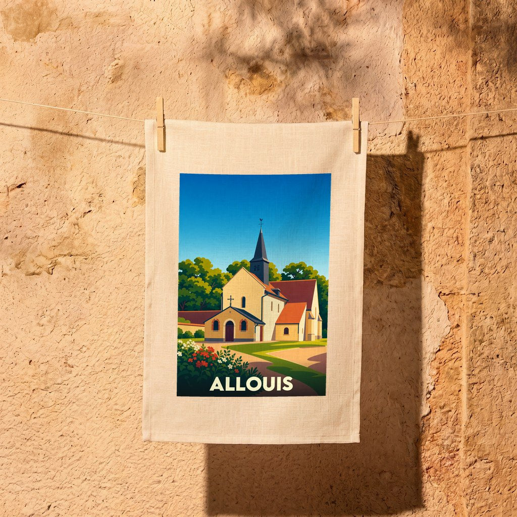 Torchon souvenir de la ville d'Allouis illustré par une église stylisée sous un ciel bleu.