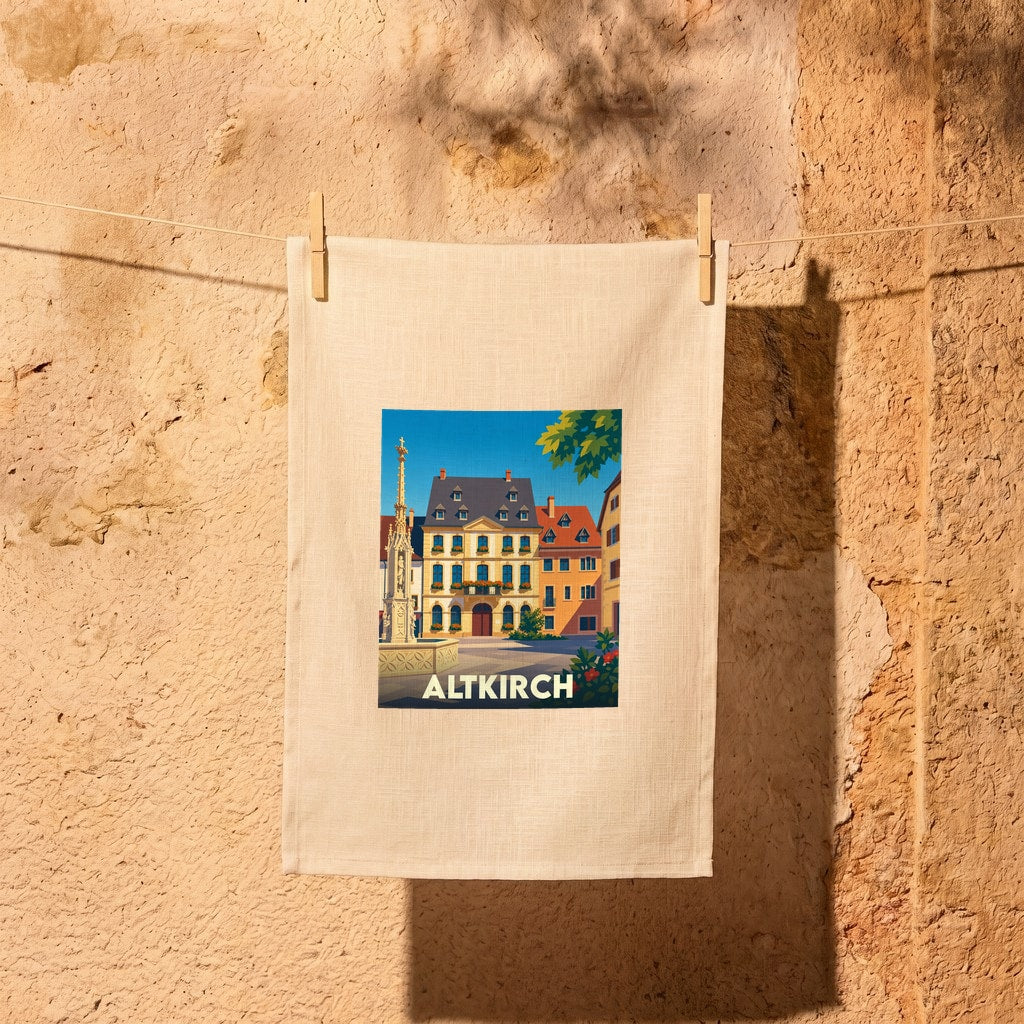 Torchon de cuisine souvenir de la ville d'Altkirch orné d'une illustration colorée de sa place historique.