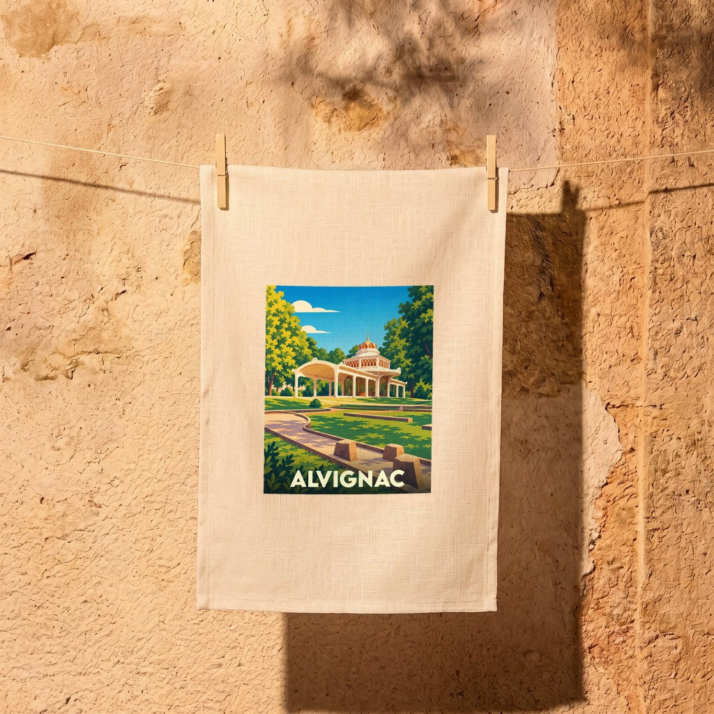 Torchon souvenir de la ville d'Alvignac avec une illustration stylisée d'un pavillon thermal.