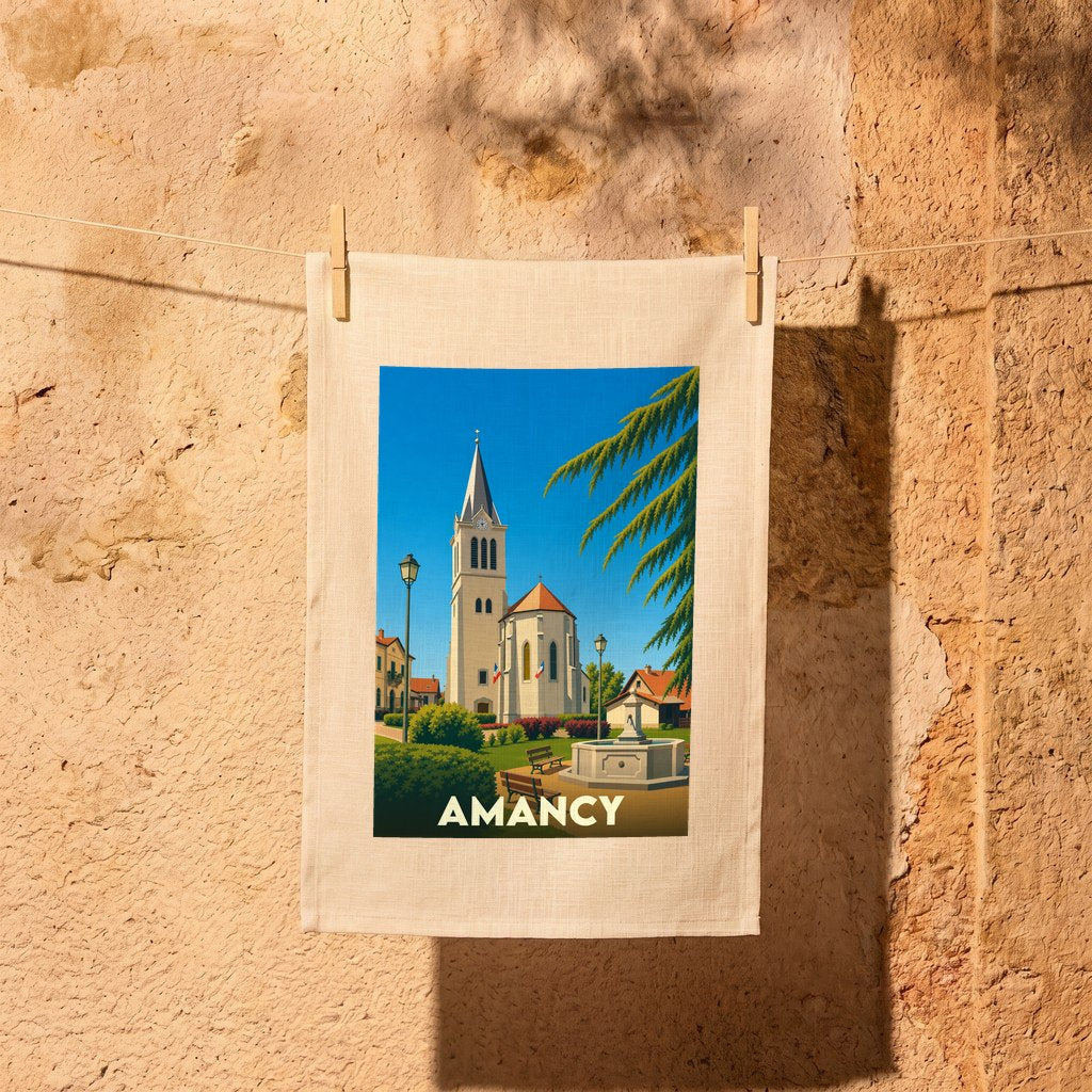 Torchon souvenir de la ville de Amancy illustré par une scène de village pittoresque.
