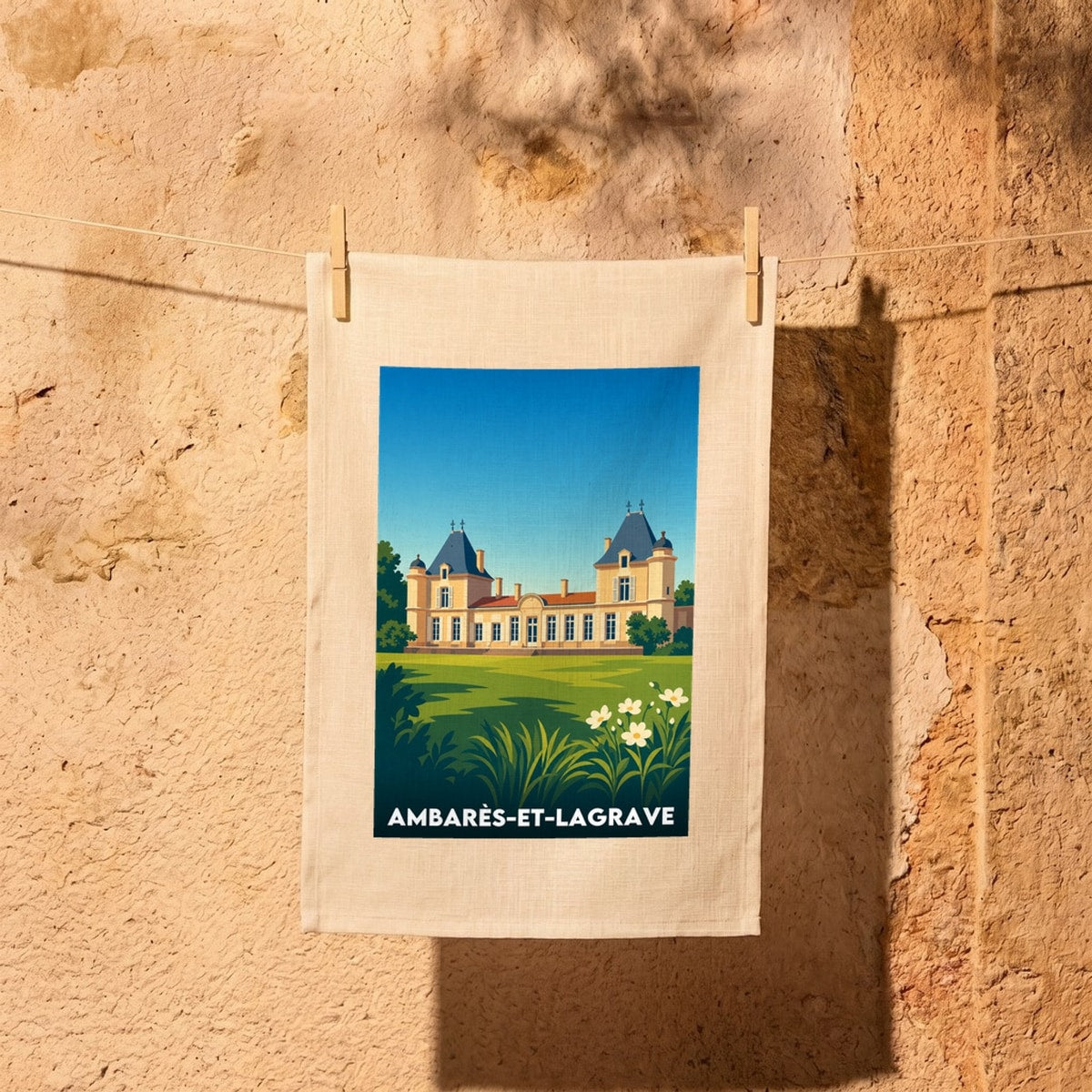 Torchon souvenir de la ville de Ambarès-et-Lagrave avec une illustration stylisée.