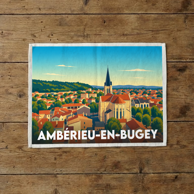 Torchon souvenir de la ville d'Ambérieu-en-Bugey avec une illustration stylisée de son paysage urbain et de son église.