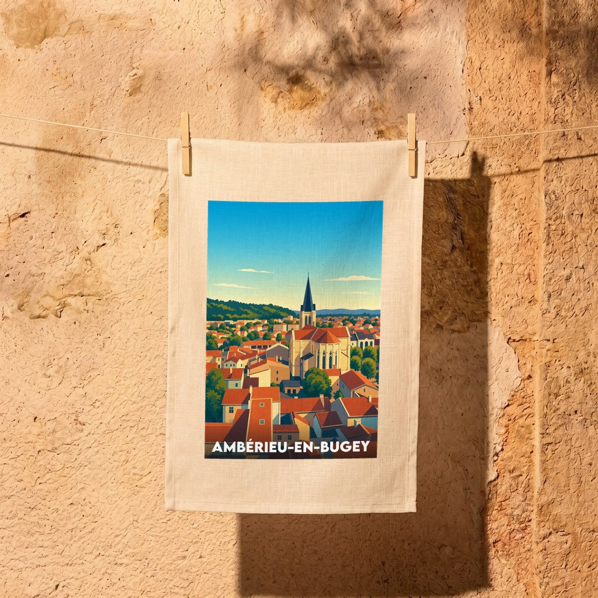 Torchon souvenir de la ville d'Ambérieu-en-Bugey avec une illustration stylisée de son paysage urbain et de son église.