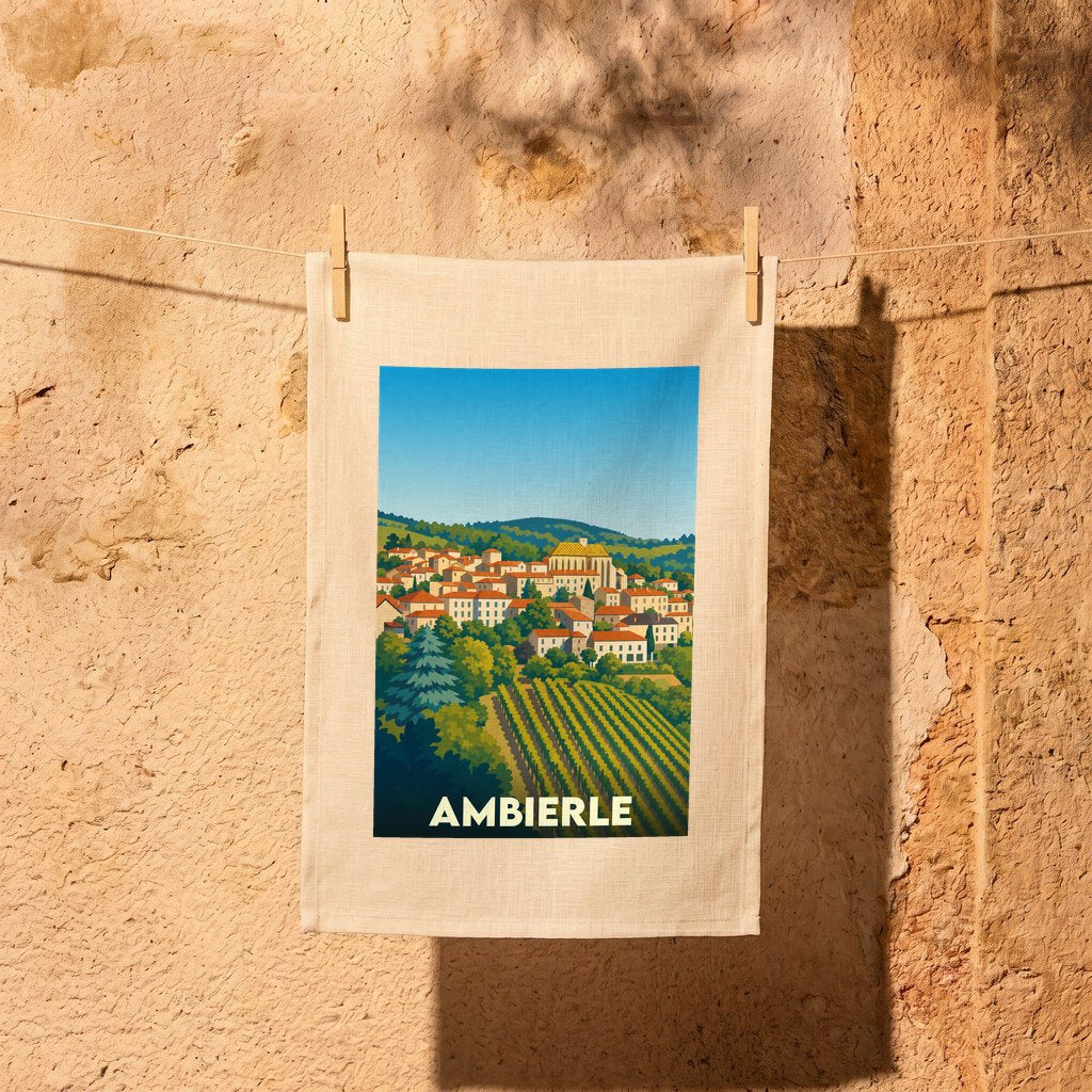 Torchon souvenir de la ville de Ambierle avec une illustration stylisée.