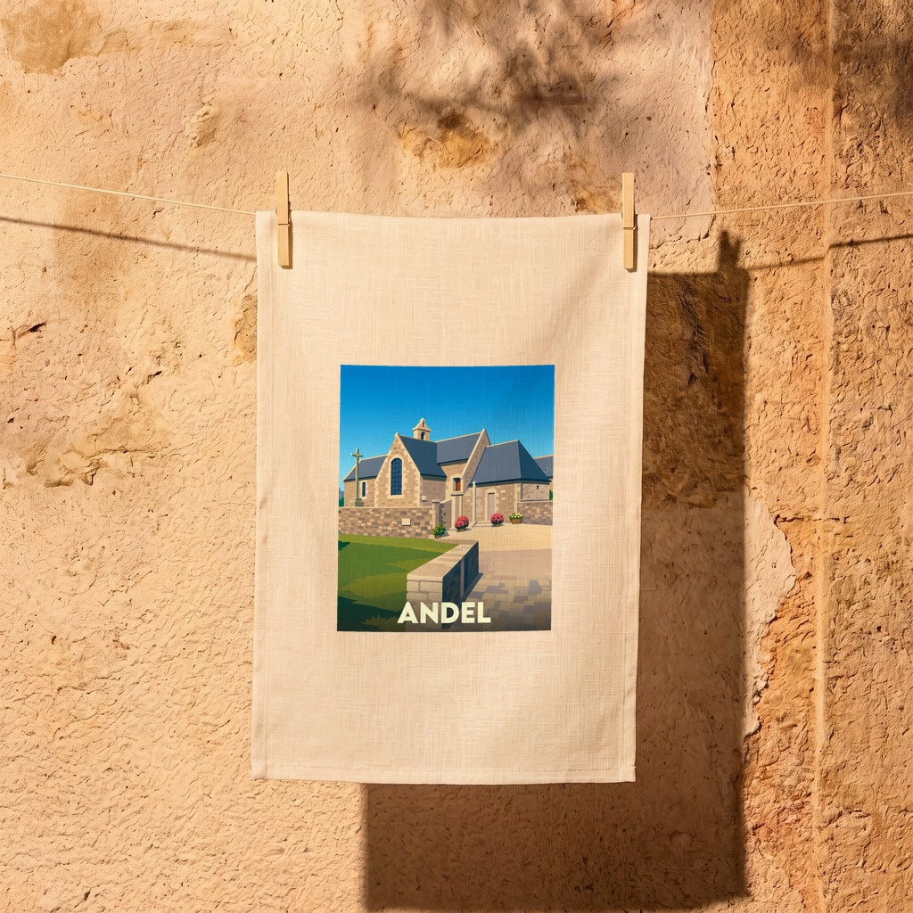 Torchon souvenir de la ville de Andel avec une illustration stylisée de son église.