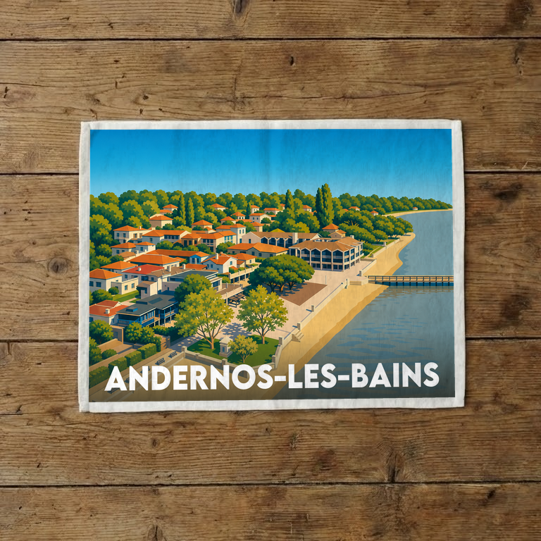 Torchon souvenir de la ville de Andernos-les-Bains avec une illustration stylisée de son front de mer.