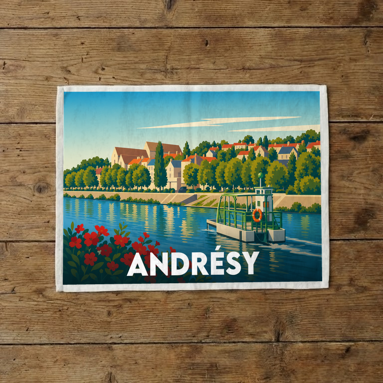 Torchon souvenir de la ville d'Andrésy avec une illustration stylisée des bords de Seine.