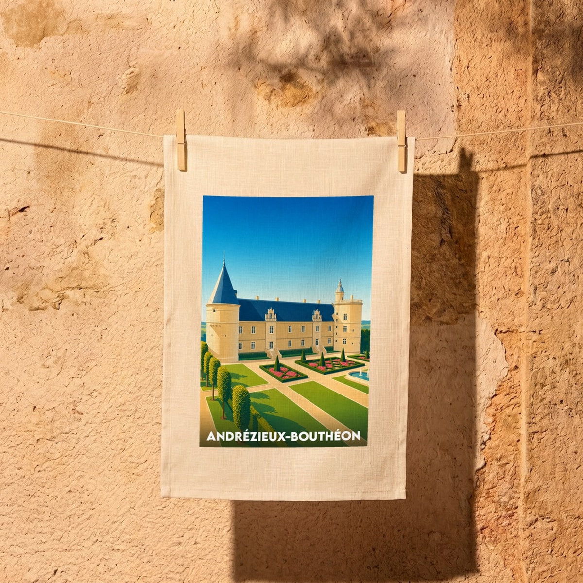 Torchon souvenir de la ville d'Andrézieux-Bouthéon illustré par une vue stylisée de son château et de ses jardins.